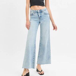 RISEN Full Size Tummy Control Low Rise Wide Leg Raw Cut Hem Jeans Plus Size